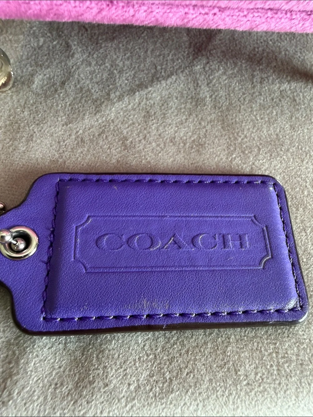 Coach Purple Large Leather Bag Tag Charm with Silver Ball Chain